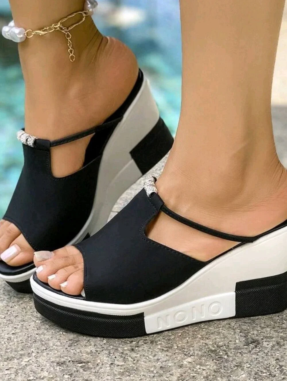 Black and White Platform Wedge Sandals for Women